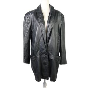 Vintage 80s Pelle Black Leather Mid-Length Blazer Jacket Oversized M